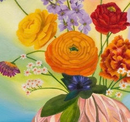 An up close of a painting featuring a vase of flowers