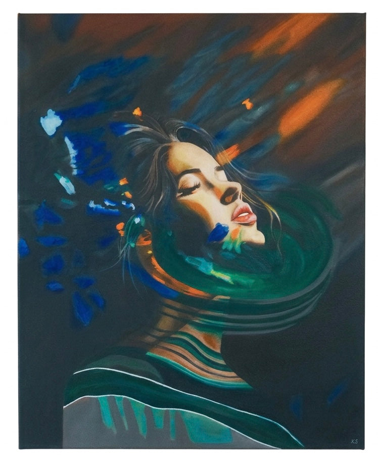 A painting of a portrait of a woman surrounded by jewel tone abstract markes