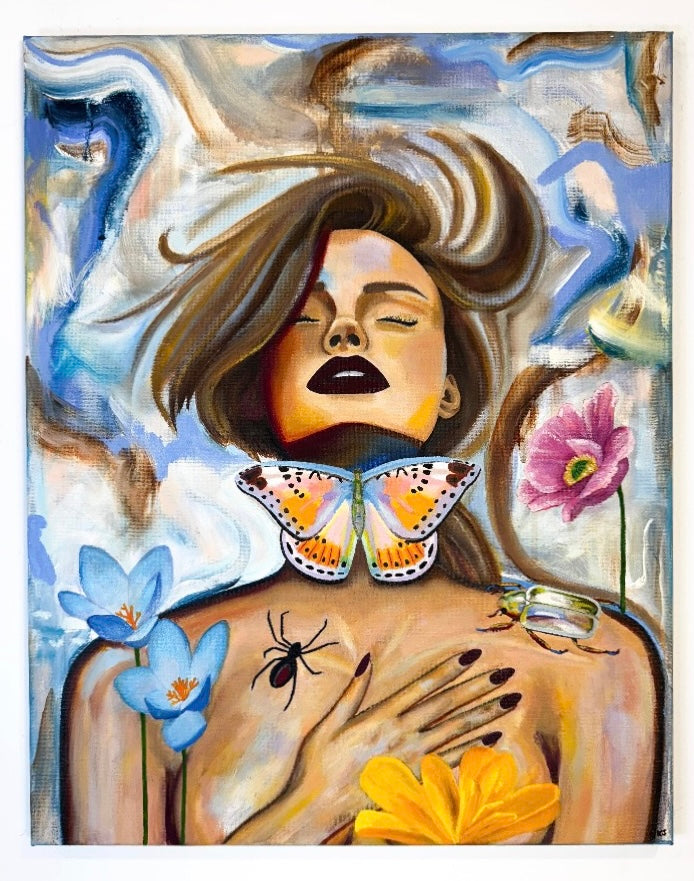 A painting of a woman surrounded by flowers and animals including a butterfly, beetle, and spider