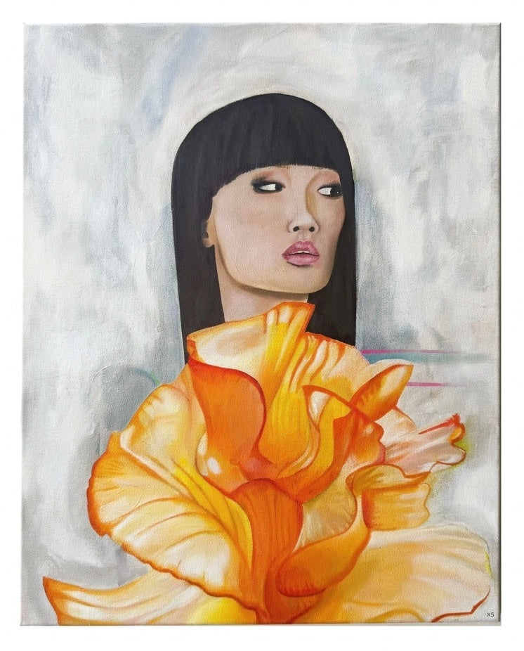 A painting of an Asian woman wearing a giant orange flower against a gray background