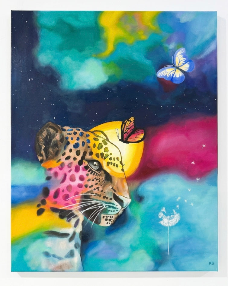 A painting of a cheetah or leopard in a galaxy with butterflies and a dandelion