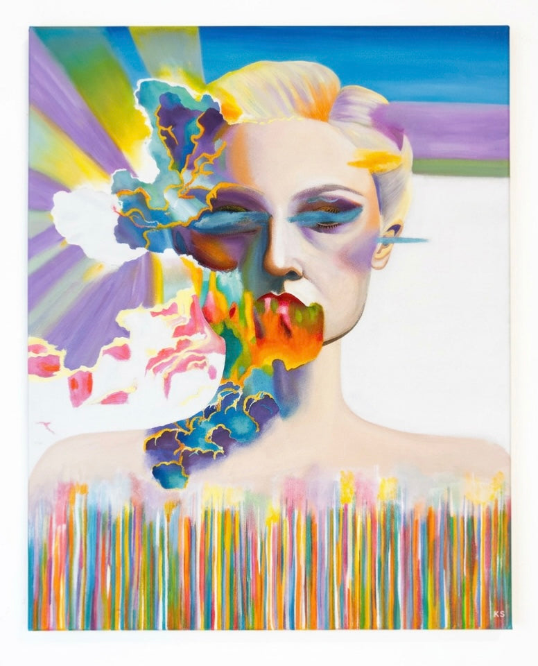 A painting of a womans face merged with a rainbow of clouds and beams of light.