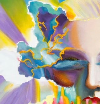 A close up of painted rainbow clouds merged with a face