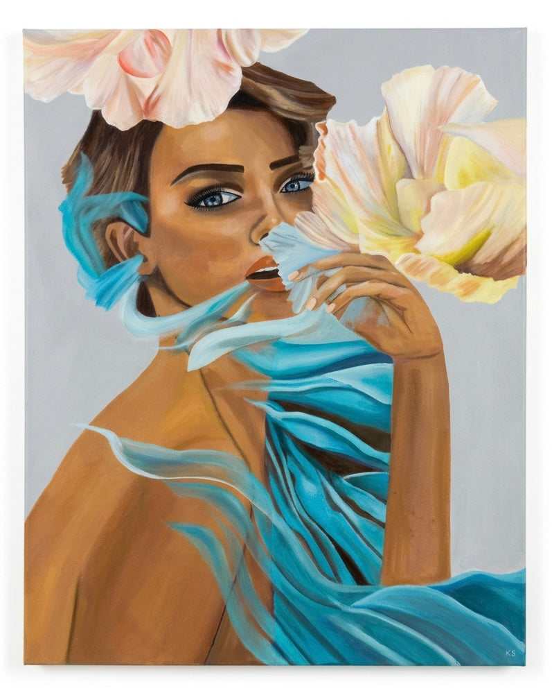 A painting of a woman surrounded by transparent blue fabric and large flowers
