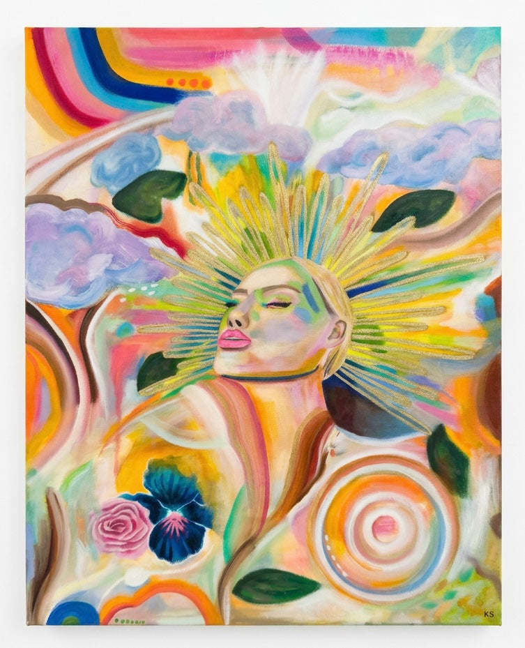 A painting of a portrait of a woman surrounded by rainbow swatches of paint wearing a gold sunburst crown