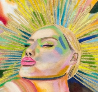 A close up of a portrait of a woman’s face wearing a gold sunburst crown surrounded by rainbow swatches of paint