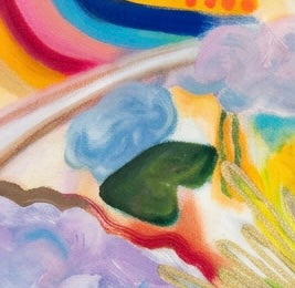 A close up of a painting featuring abstract swatches of rainbow paint
