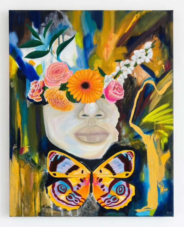 A painting of a portrait featuring flowers, and a butterfly with dark colours