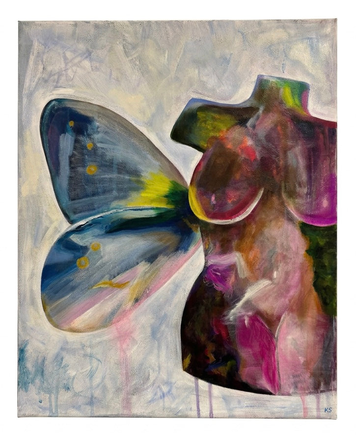 A painting of a torso with a butterfly wing with drippy swatches of colourful paint