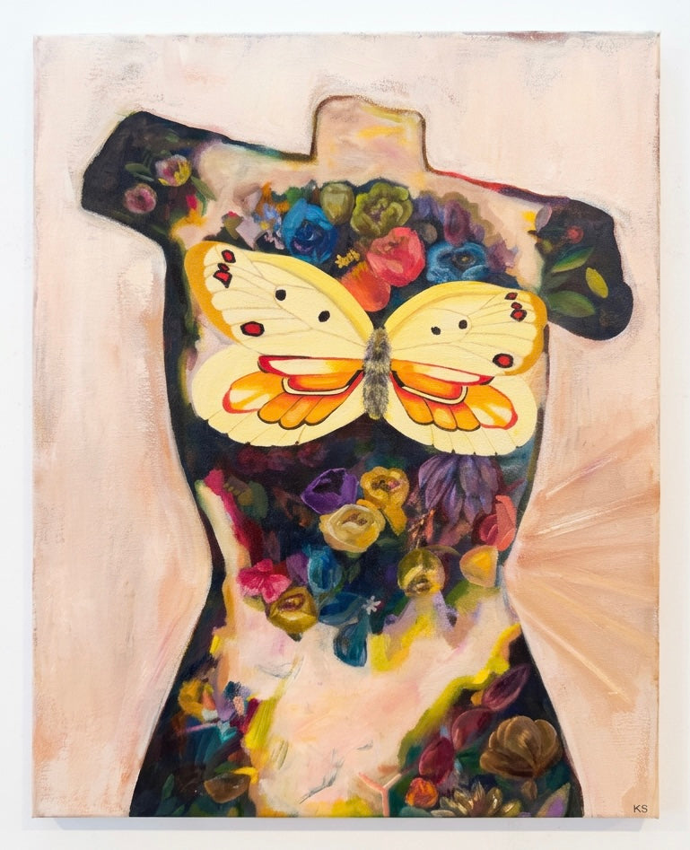 A painting of a torso with a yellow butterfly covering the breasts. And lots of florals against a background of creamy light peach. 