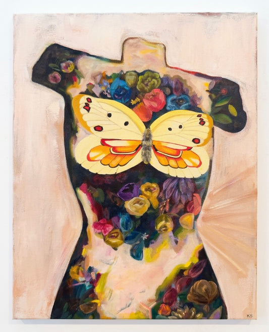 A painting of a torso with a yellow butterfly covering the breasts. And lots of florals against a background of creamy light peach. 