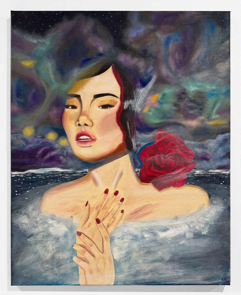 A painting featuring a portrait of an Asian woman submerged in water, with a rose on her shoulder. With a galaxy for a sky