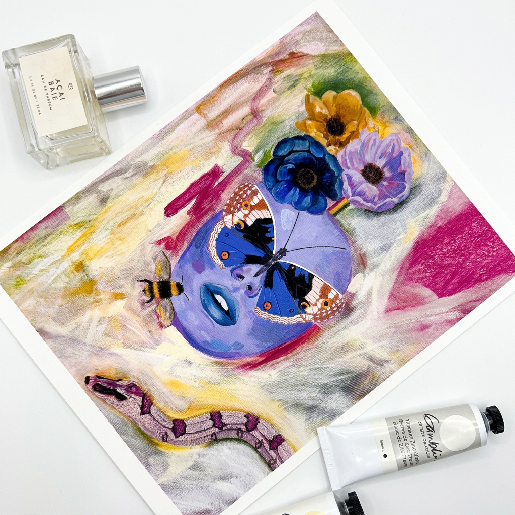 A print of a purple face with a butterfly covering the eye, and a snake, a bee and flower surrounding the face.