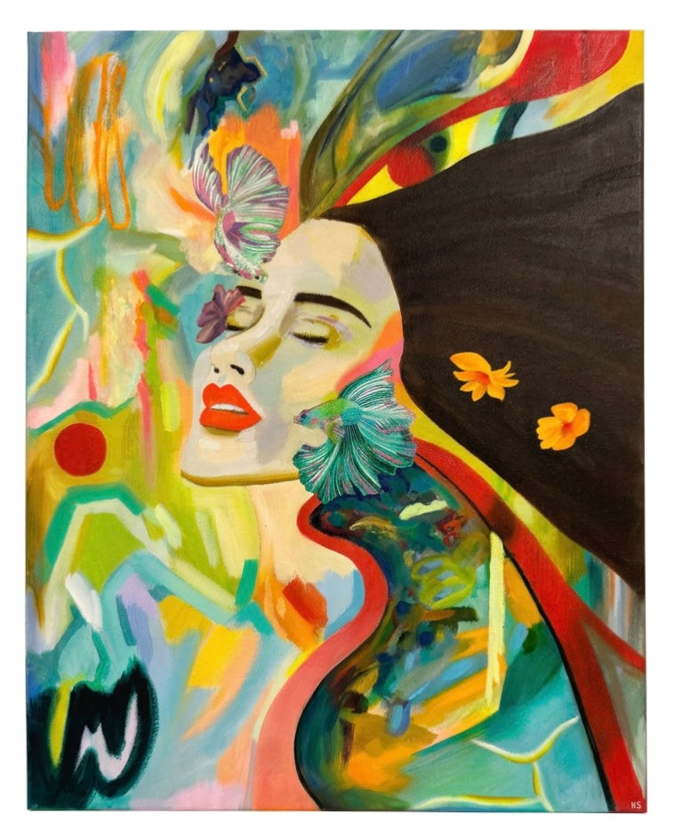 A painting of a woman surrounded by two Siamese fighter fish and abstract swatches of paint, 