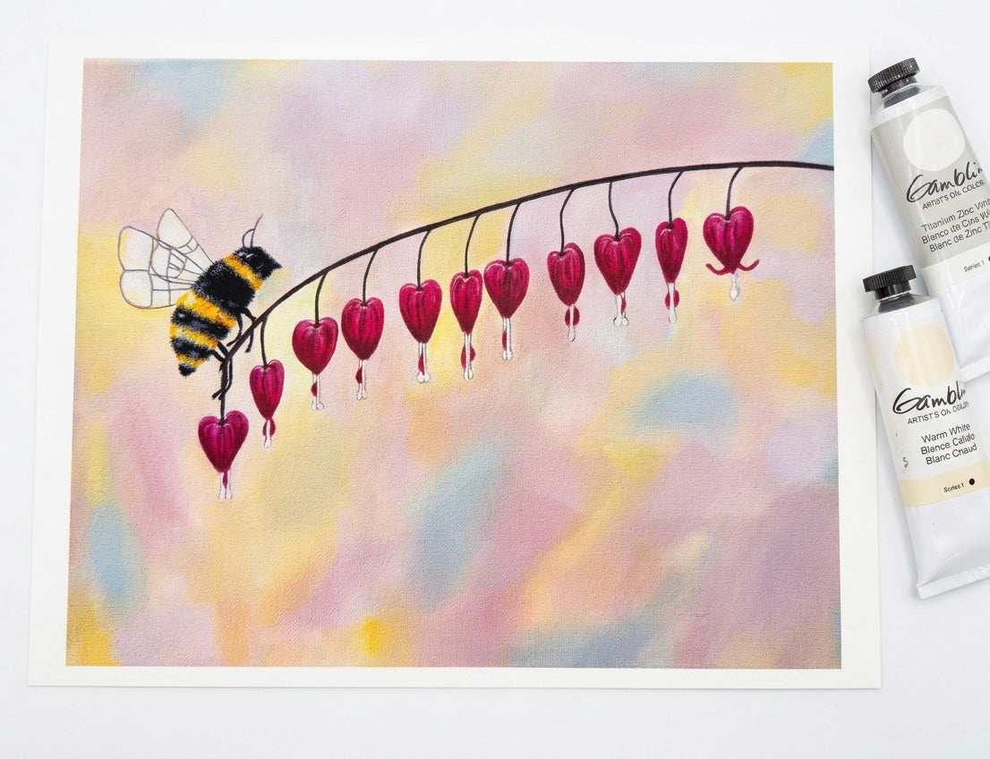 A print of a string of hearts with a bumblebee against a soft abstract background.