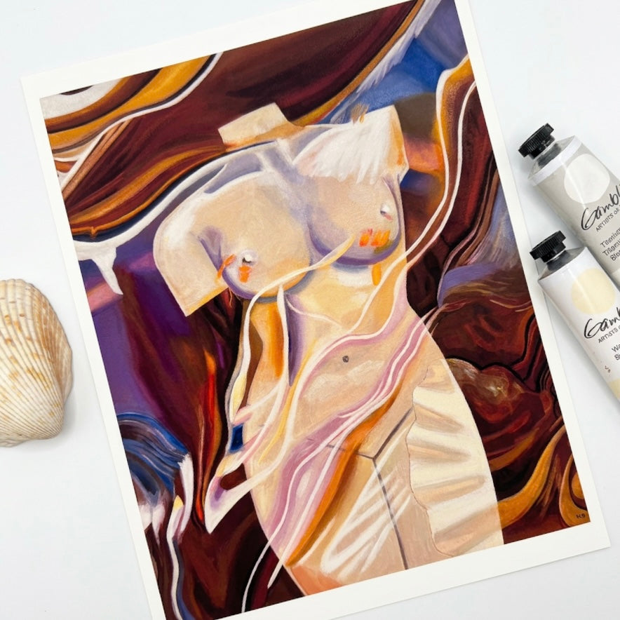 A painting of a torso in browns and burnt siennas with abstract marks woven through it