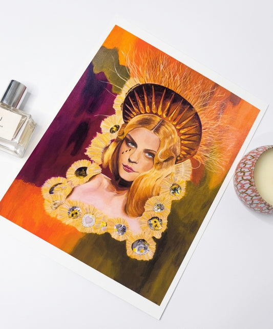 A print of a runway model wearing haute couture with a background of green, orange and purple.