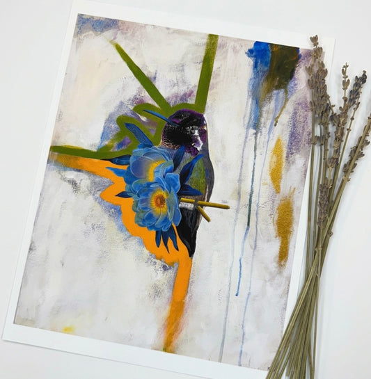 A painting of a hummingbird with green and orange swatches of paint against a beige and gold background
