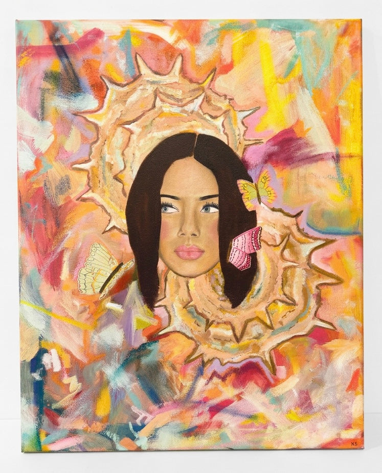 A painting of a woman’s face surrounded by seashells, butterflies and abstract swatches of paint