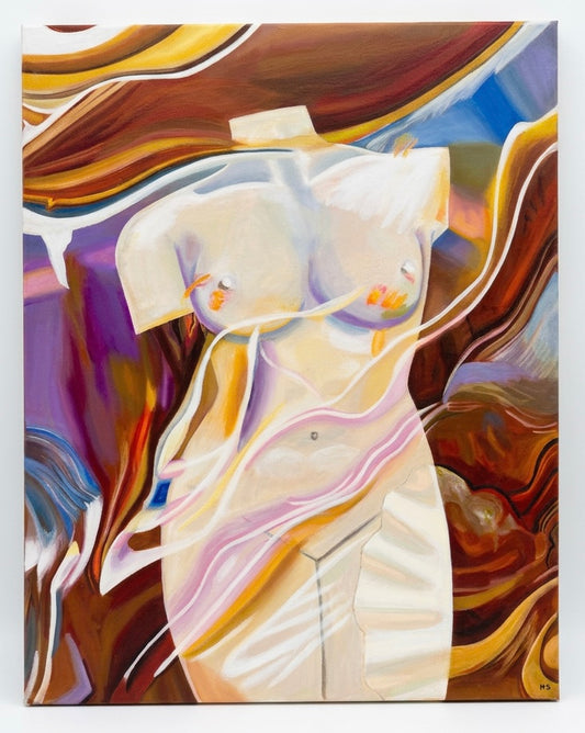 A painting of a torso with burnt sienna and brown abstract swirls