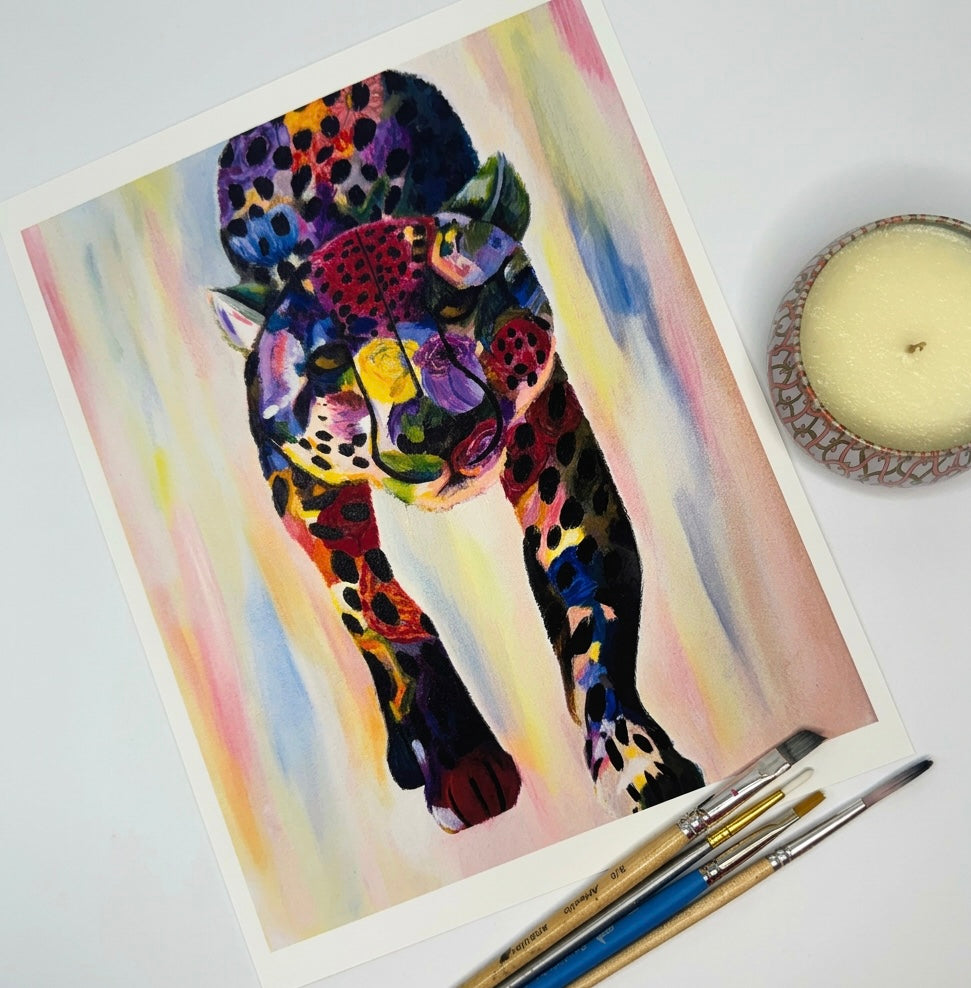 A painting of a cheetah made up of flowers against a pastel pink and yellow background