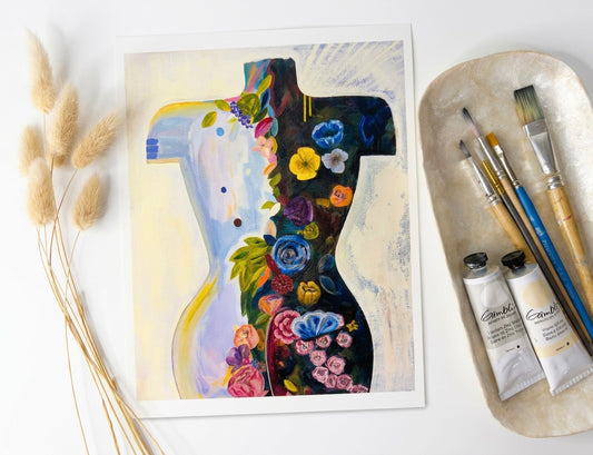 A print featuring a torso filled with flowers with abstract elements and a creamy beige background