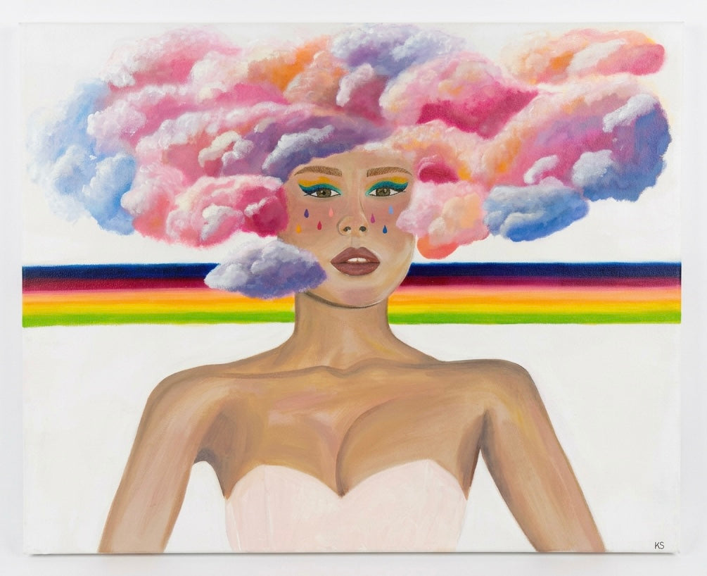 A painting of a woman with clouds for hair and a rainbow stripe
