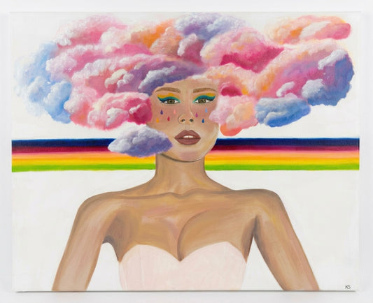 A painting of a woman with clouds for hair and a rainbow stripe