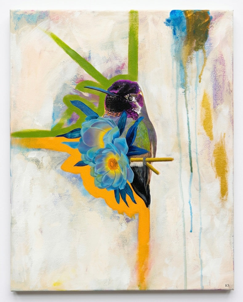 A painting of a hummingird with blue flowers and green and orange swatches of paint