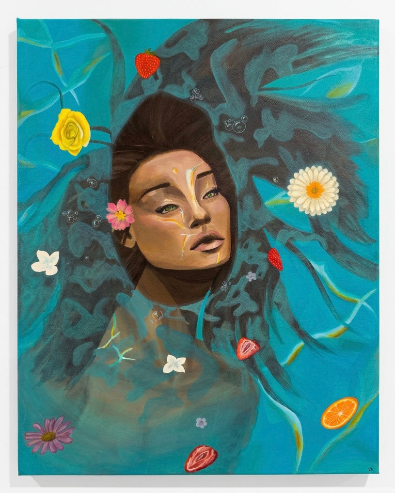 A painting of a woman submerged in turquoise water with flowers and strawberries