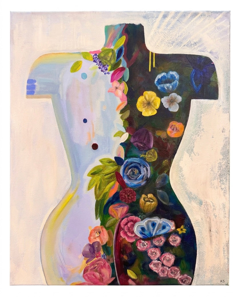 A painting of a torso filled with flowers against a creamy beige background 