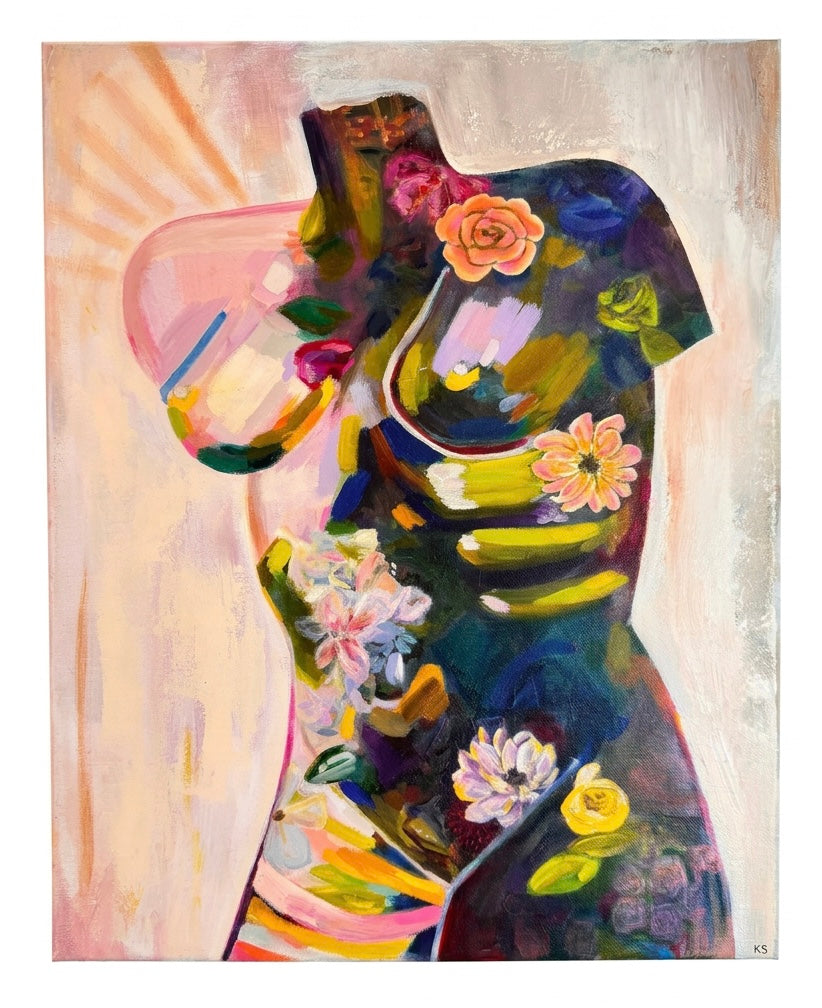 A painting of a torso filled with abstract swatches of paint and flowers