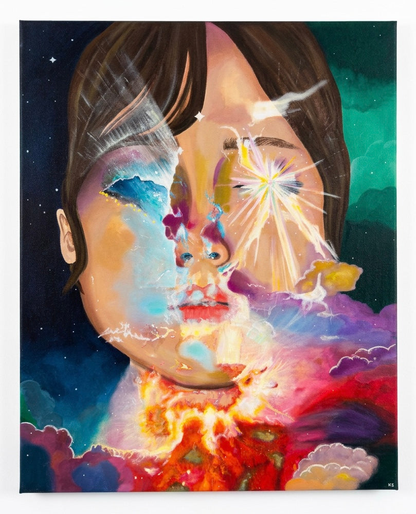 A painting of a portrait of a woman’s face merged with colourful clouds and a galaxy