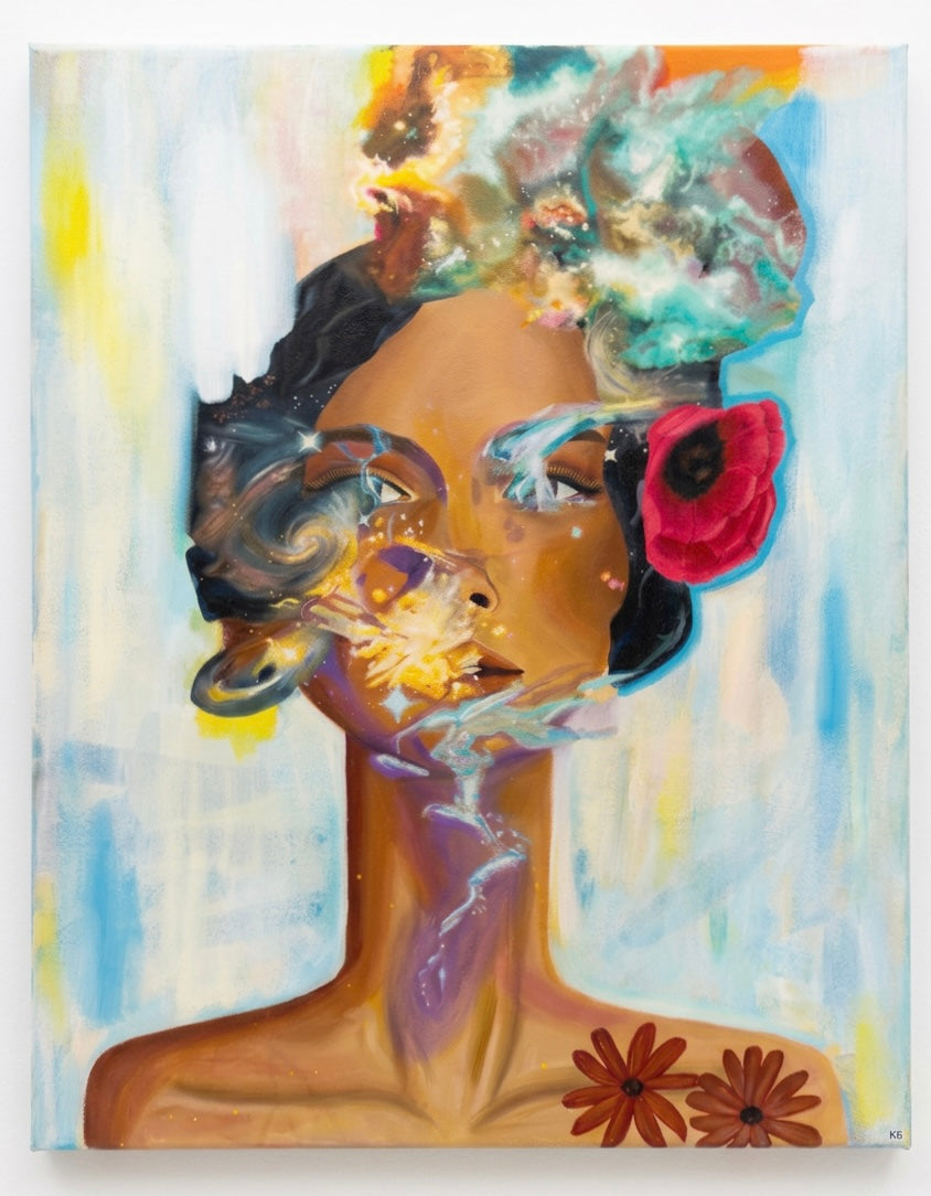 A painting of a woman merged with a galaxy and red flowers