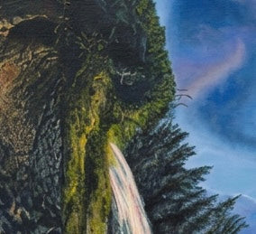 A close up of a landscape. Colourful with greenery ad waterfall
