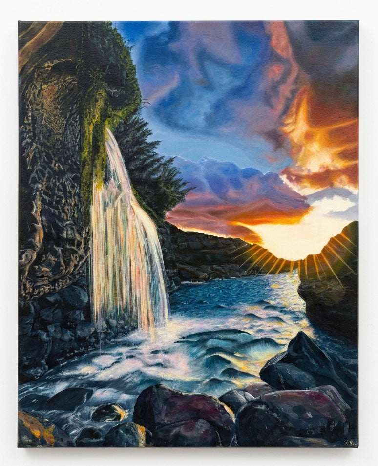 Paining reproduced o a colourful landscape with a waterfall