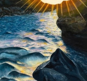 A close up of a painted body of water with rock and glowing sun.