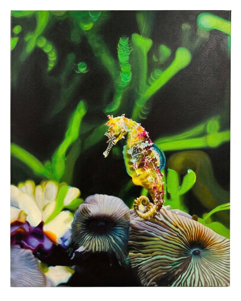 A realistic painting of a seahorse surrounded by coral.