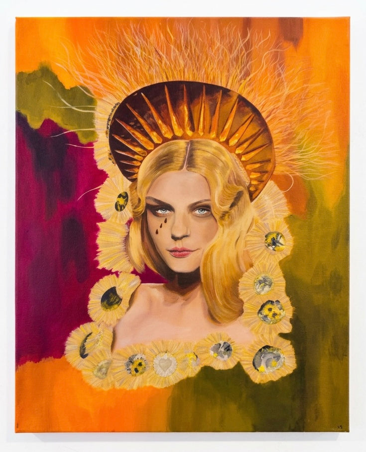 A painting of a runway model dressed in haute couture wearing a gold sunburst crown against an abstract background