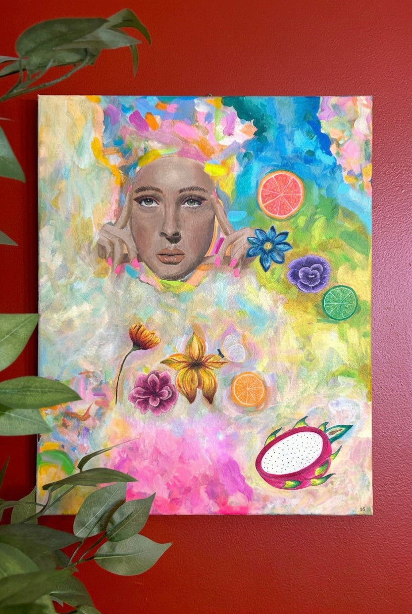 “Breakfast in Ibiza painting” against a red wall
