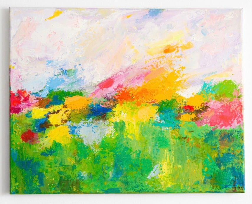 A painting of an abstract landscape with flowers and a pastel sky