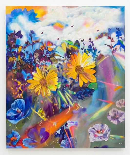 A painting of two yellow flowers with a vibrant colourful abstract background