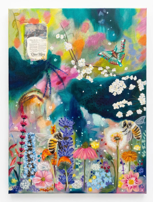 A painting of flowers, bees and butterflies. With an abstract background 