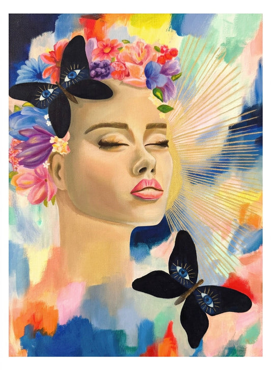 A painting of a woman with her eyes shut, wearing a gold crown with navy moths