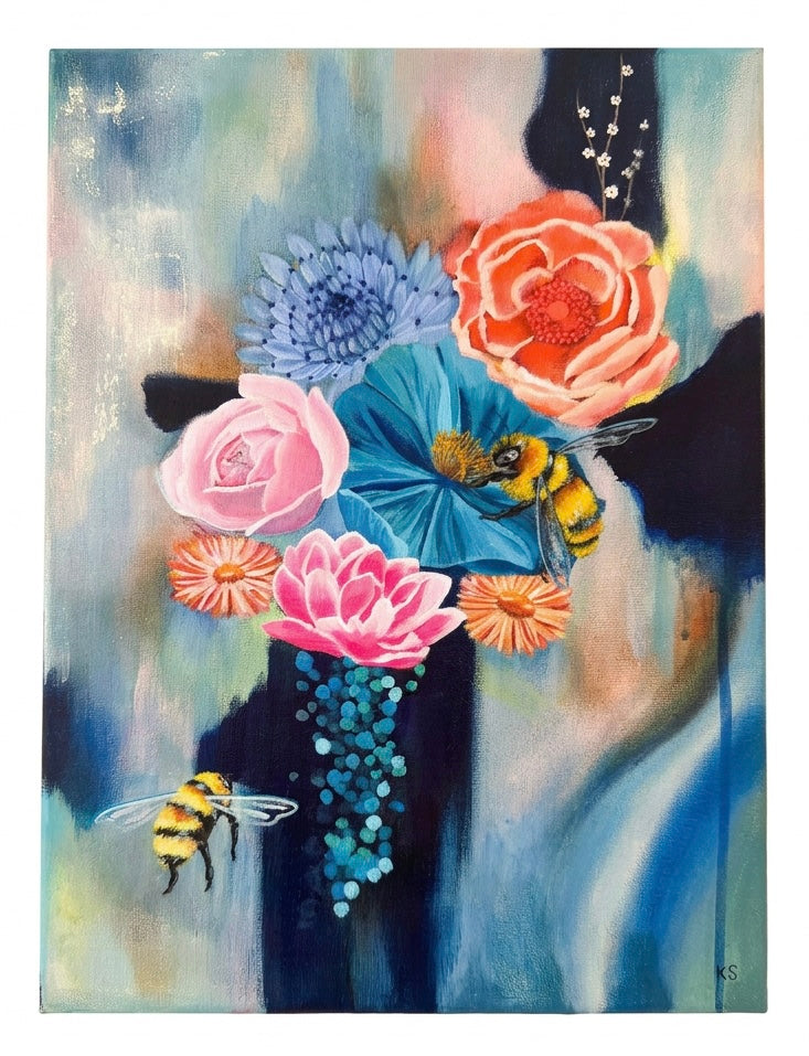 A painting of a flower arrangement with bees against a blue abstract background