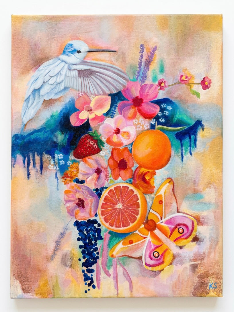 A paint sample of a flower arrangement with a bird, a grapefruit and strawberries