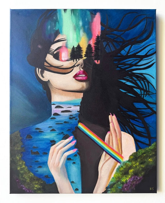 A painting of a woman merged with Aurora borialis and water with a rainbow stripe 
