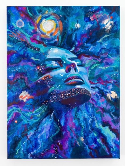 A painting of a face merged with a galaxy. Blue