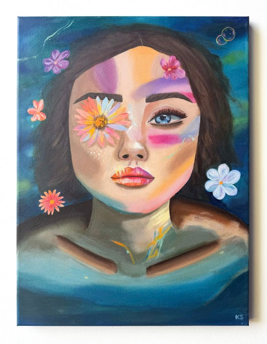 A painting of a woman partially submerged in water with flowers