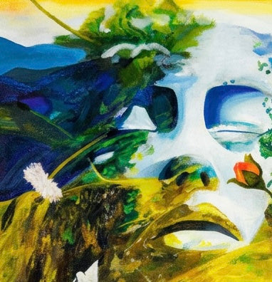 A close up with a face emerging from a landscape